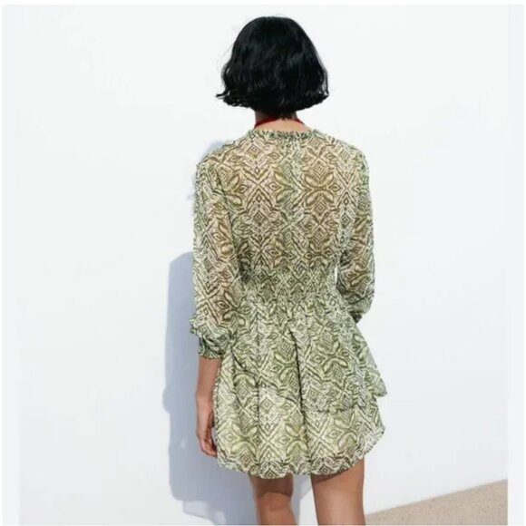 NWOT Zara Green and White Printed Mini Dress Size Large - Picture 2 of 10